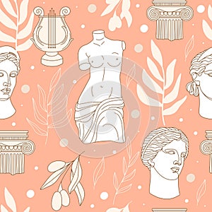 Seamless pattern with antique statues, lyre, column, abstract terracotta shape and olive branch.