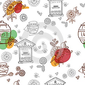 Seamless pattern on apiary, honey, bees