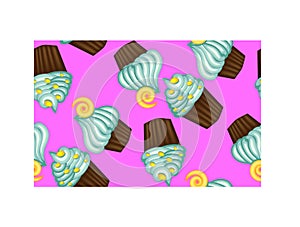 Seamless pattern of appetizing cupcakes with blue cream