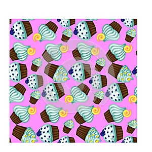 Seamless pattern of appetizing cupcakes with blue cream