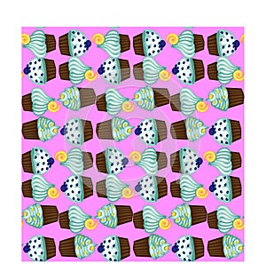 Seamless pattern of appetizing cupcakes with blue cream