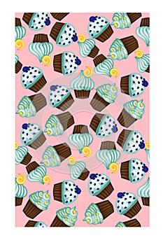 Seamless pattern of appetizing cupcakes with blue cream