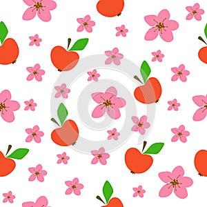 Seamless pattern apple blossom, red apples on white background. Drawn garden fruits kids print, vector eps 10