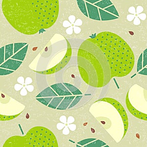 Seamless pattern. Apple juicy fruits leaves and flowers.