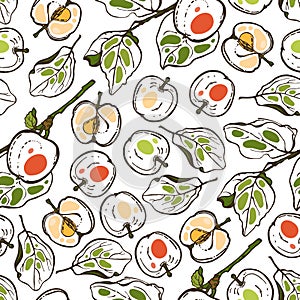 Seamless pattern with apples for the kitchen. Red, yellow and green apples on a branch. Fruit. Food.