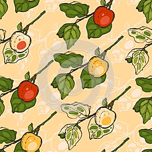 Seamless pattern with apples for the kitchen. Red, yellow and green apples on a branch. Fruit. Food.