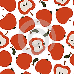 Seamless pattern with apples, whole fruits and halves.
