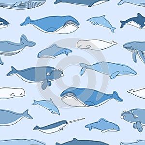 Seamless pattern with aquatic animals or marine mammals hand drawn on blue background - whales, narwhal, dolphins
