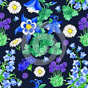 Seamless pattern with Aquilegia, Allium, Bellflower and Cornflower on blue background