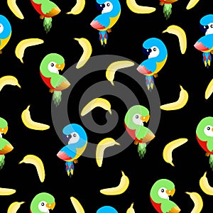 Seamless pattern with ara parrots and bananas. Blue, yellow, green, pink, red. Black background. Cartoon style. Cute and funny.