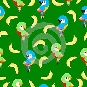Seamless pattern with ara parrots and bananas. Blue, yellow, green, pink, red. Green background. Cartoon style. Cute and funny.