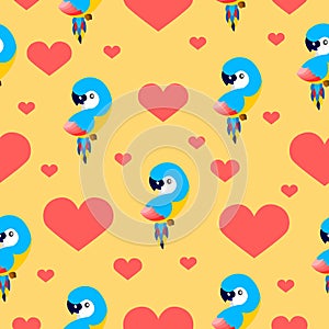 Seamless pattern with ara parrots and pink hearts. Blue, yellow, pink, red. White background. Cartoon style. Cute and funny. For