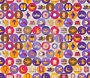 Seamless pattern with arabic icons in circles
