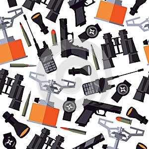 Seamless pattern with army soldier goods like portable radio, flashlight, compass, gun, bullets, binoculars and gas-burner on whit