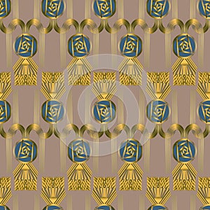 Seamless  pattern, art deco style ornament with glasgow roses and fountains in trendy colors 2