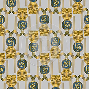 Seamless  pattern, art deco style ornament with glasgow roses and fountains in trendy colors 2