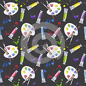 Seamless pattern art supplies colored paint palette paintbrushes tubes cuvettes tempera, gouache. Ink splatters drop