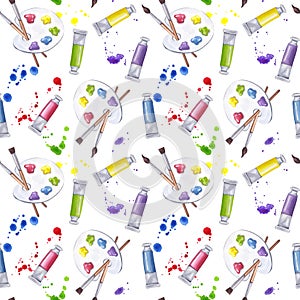 Seamless pattern art supplies colored paint palette paintbrushes tubes cuvettes tempera, gouache. Ink splatters drop