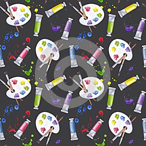 Seamless pattern art supplies colored paint palette paintbrushes tubes cuvettes tempera, gouache. Ink splatters drop photo