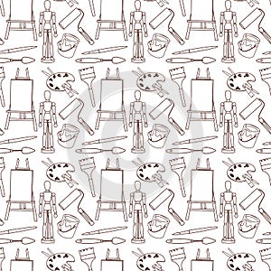 Seamless pattern with artistic tools in a linear style.