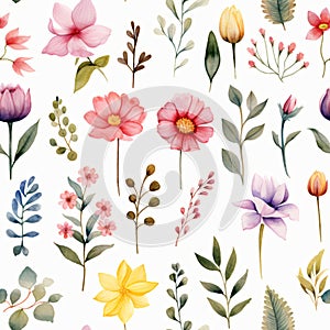 Seamless pattern of Asian flowers, watercolor, Wrapping paper pattern