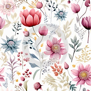 Seamless pattern of Asian flowers, watercolor, Wrapping paper pattern