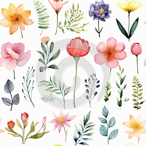 Seamless pattern of Asian flowers, watercolor, Wrapping paper pattern