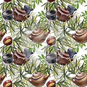 Seamless pattern asian teapot ceramic, bowl, tea, bamboo isolated on white background. Watercolor hand drawing