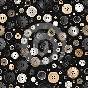 Seamless Pattern of Assorted Buttons on Black Background
