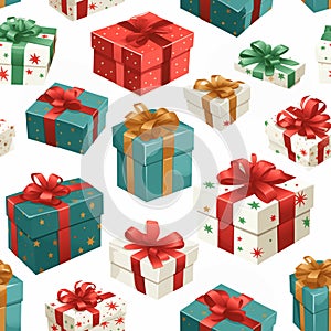 seamless pattern of assorted Christmas gift boxes with ribbons on a white background