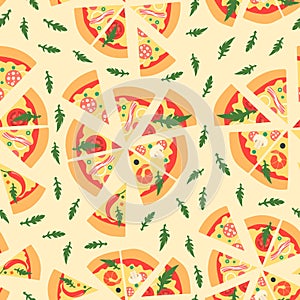 Seamless pattern with assorted pizza slices. Vector illustration. Cartoon style