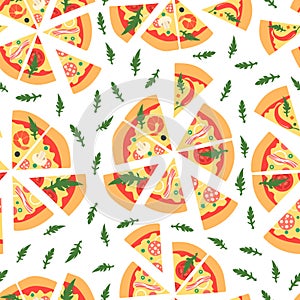 Seamless pattern with assorted pizza slices. Vector illustration. Repeating background