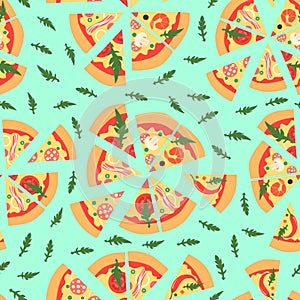 Seamless pattern with assorted pizza slices. Vector illustration. Repeating background