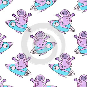 Seamless pattern with an astronaut flying on a rocket. Doodle. A space flight. Cosmonautics Day. Hand-drawn. Vector illustration