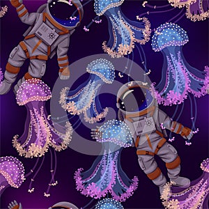 Seamless pattern with astronaut and jellyfish