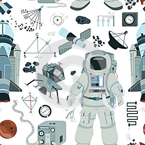 Seamless pattern with astronaut, rocket, planet, space equipment, formulas. Collection of space symbols and objects.