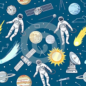 Seamless pattern with astronauts, stars, planets and satellites in cosmos. Cartoon print with space elements, vector illustration