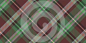 Seamless pattern of asymmetric diagonal tartan ornament for textile texture green on brown background with bright stripes