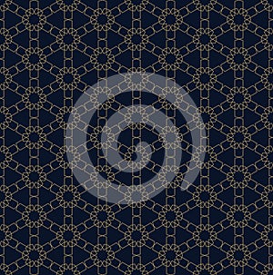 Seamless pattern in authentic arabian style. Golden geometric ornament over dark background
