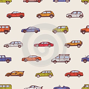 Seamless pattern with automobiles of various types - cabriolet, sedan, pickup, hatchback, SUV, minivan. Backdrop with
