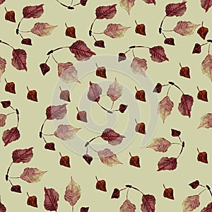 seamless pattern of autumn birch leaves on a pale yellow background
