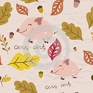 Seamless pattern in autumn colors from collection with piglet.