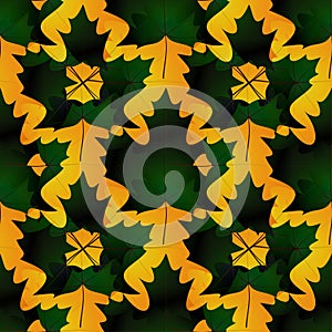 Seamless pattern in autumn colors made of maple leaves, dark green and orange tiled texture, in vector