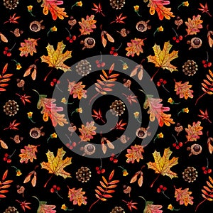 Seamless pattern autumn elements leaves cones acorns on black background