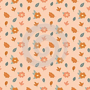 Seamless pattern with autumn elements in simple Scandinavian style - Pumpkin, fall flowers, leaves on light peach background. Cute