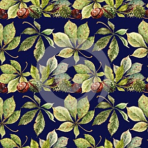 Seamless pattern autumn fallen chestnut leaves, brown chestnut seeds, round green prickly fruits in peel. Hand-drawn watercolor.