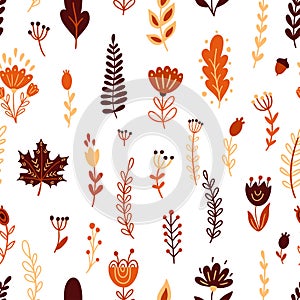 Seamless pattern with autumn floral elements. Hand drawn outline marine elements