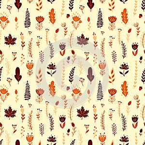 Seamless pattern with autumn floral elements. Hand drawn outline marine elements