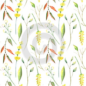 Watercolor seamless pattern of autumn. Leafs, branchs and flowers