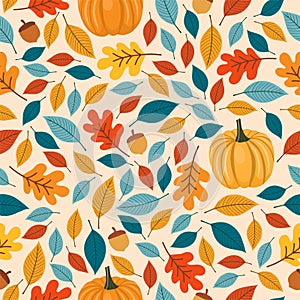 Seamless pattern with autumn Leaves, acorns and oak leaves.